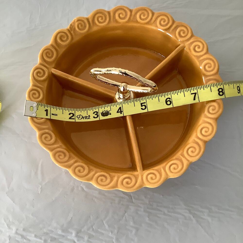 Vintage CALIF USA 267 Ceramic Mustard Yellow With Gold Handle 3 Divided Dish - Picture 6 of 6